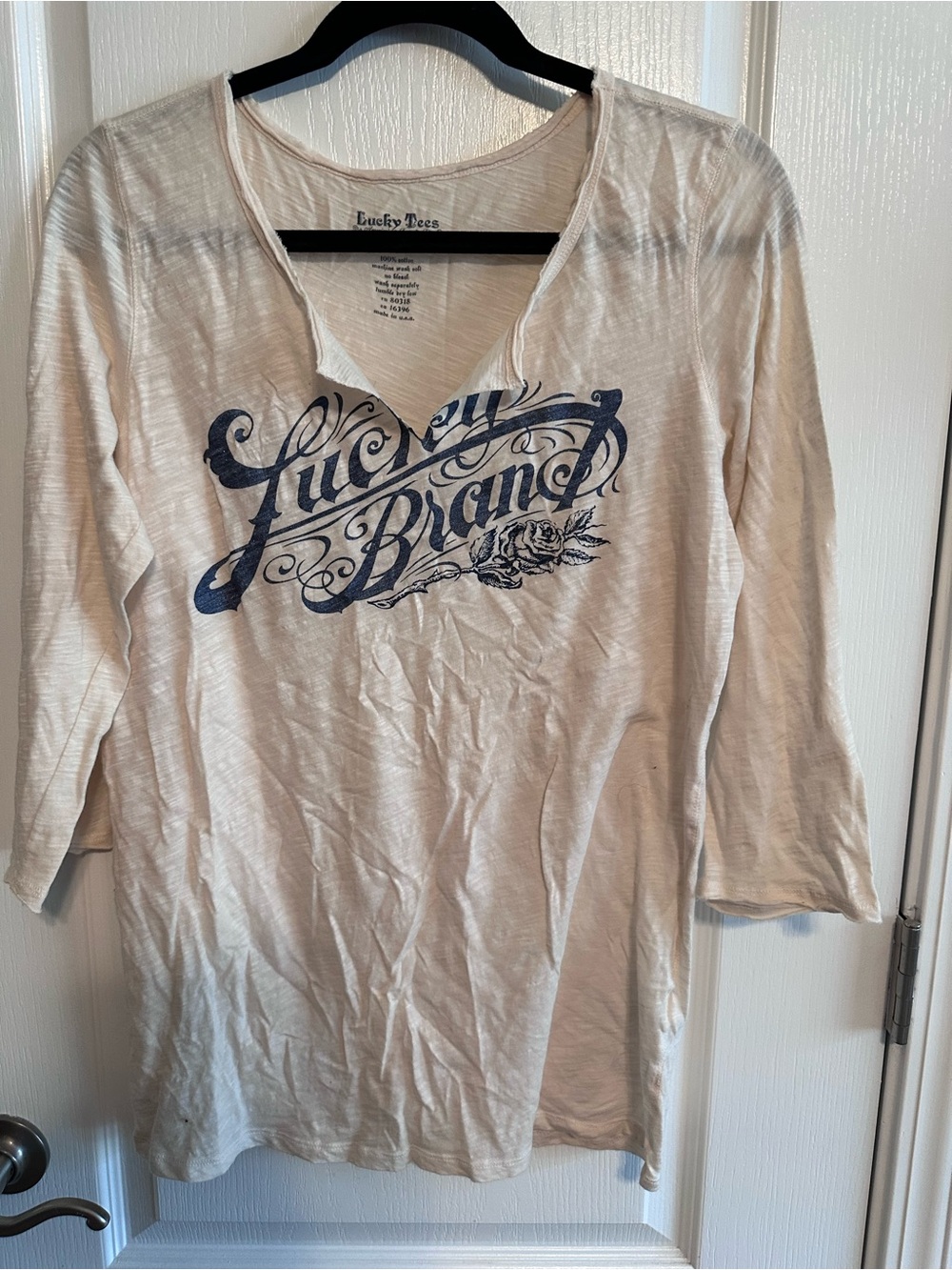Lucky Brand Cream 3/4 Sleeve Top with Navy Script Logo